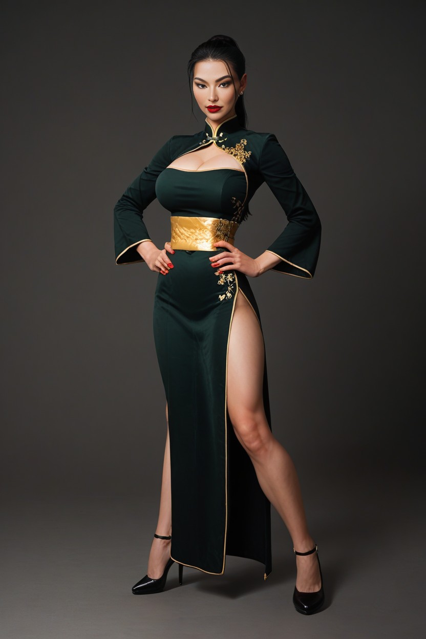 Red Waist Sash, High Neckline, Skinny AI Porn