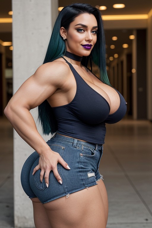 Goth Bimbo, Straight Hair, Oversized Steroid Biceps AI Porn