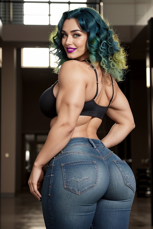 Curvy Muscular Steroid Bimbo, Extremely Large Steroid Arms, Blue Hair AI Porn