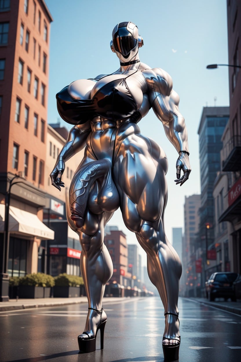 Very Muscular Arms, Metallic Latex Suit, Leaking Cock 人妖AI黃片