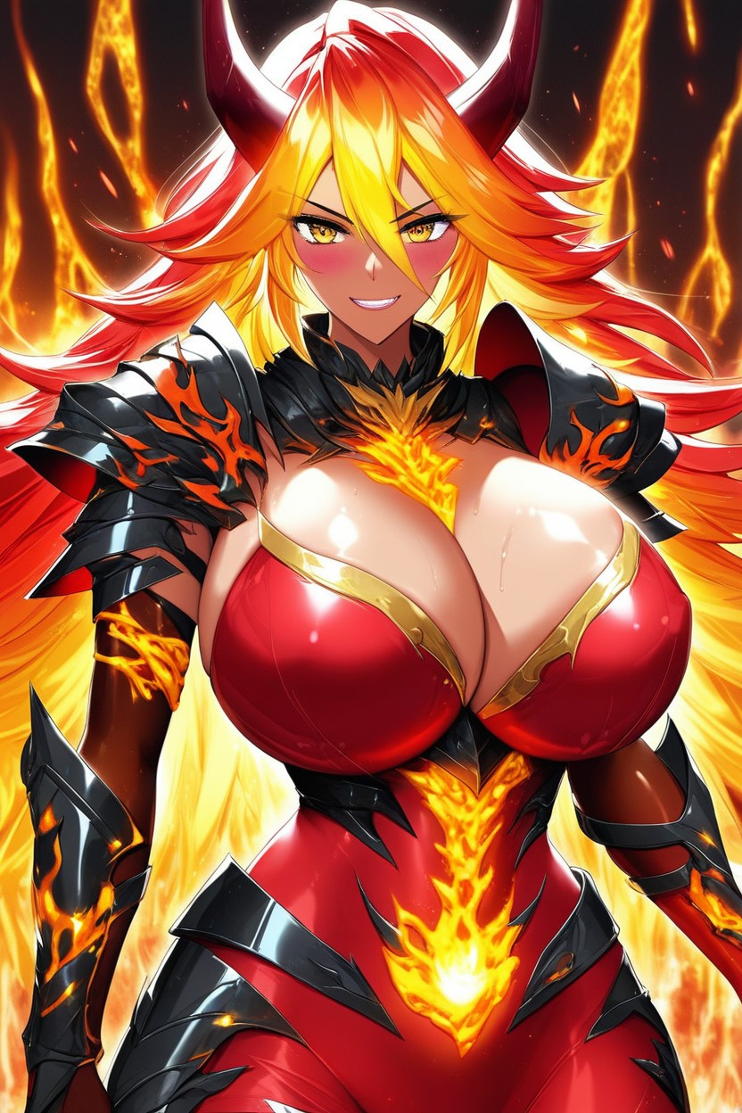 Kayna From Monster Hunter, Fiery Bust, Flame Armor Made Of Fiery Lava On Chest Latina AI Porn
