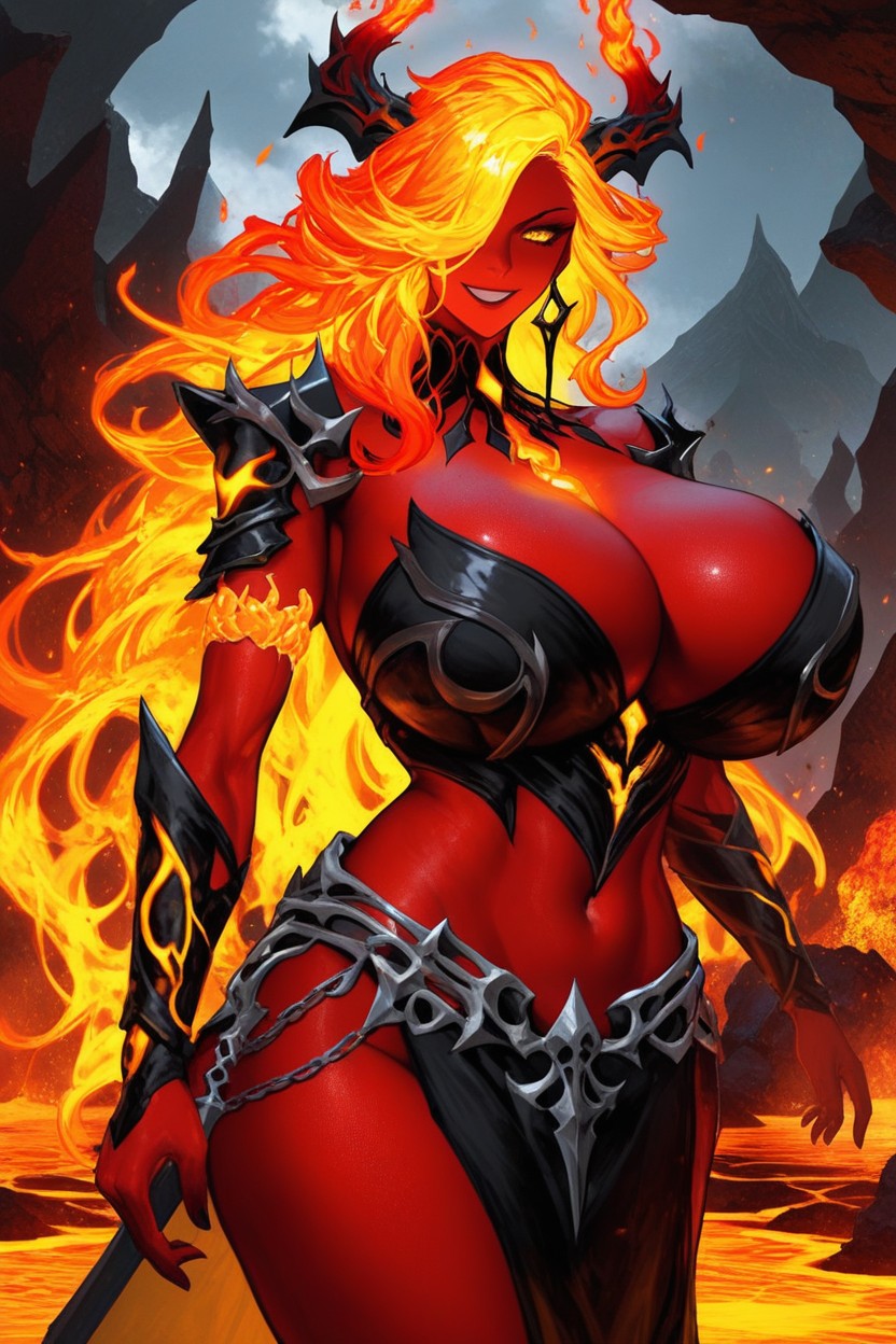 Standing In Volcano, Holding Sword Axe, Pecho Colosal Porno latina IA