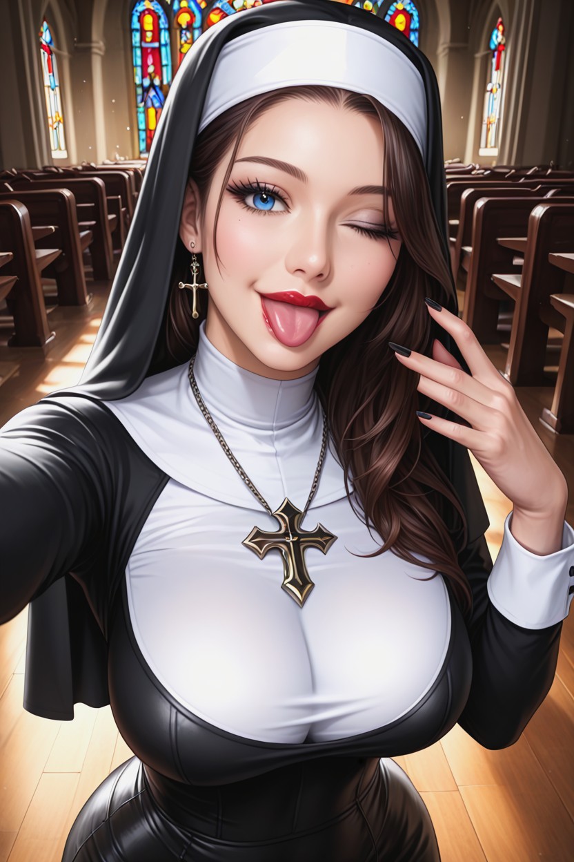 Colorful, Tight Nun Uniform, Tongue Out AI Porn