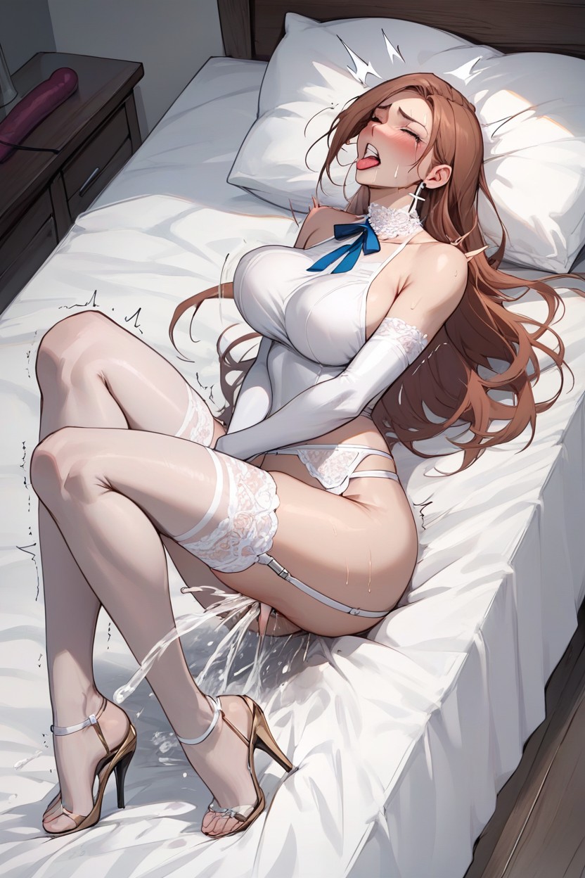 White Lace Choker, Thigh High, Side View Hentai AI Porn