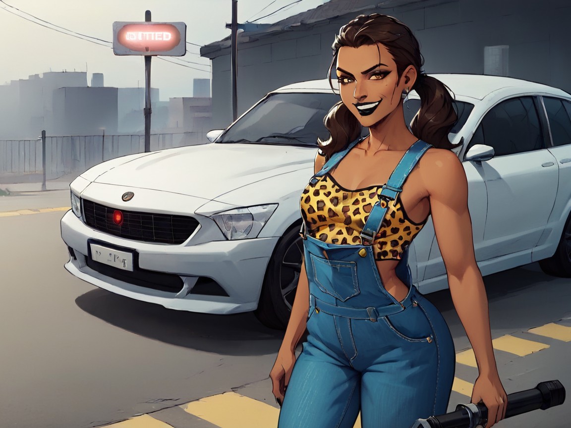 Sloped Shoulders, Neon Lit Workshop, Wearing Leopard Print Mechanic Clothes ラティーナAIエロ