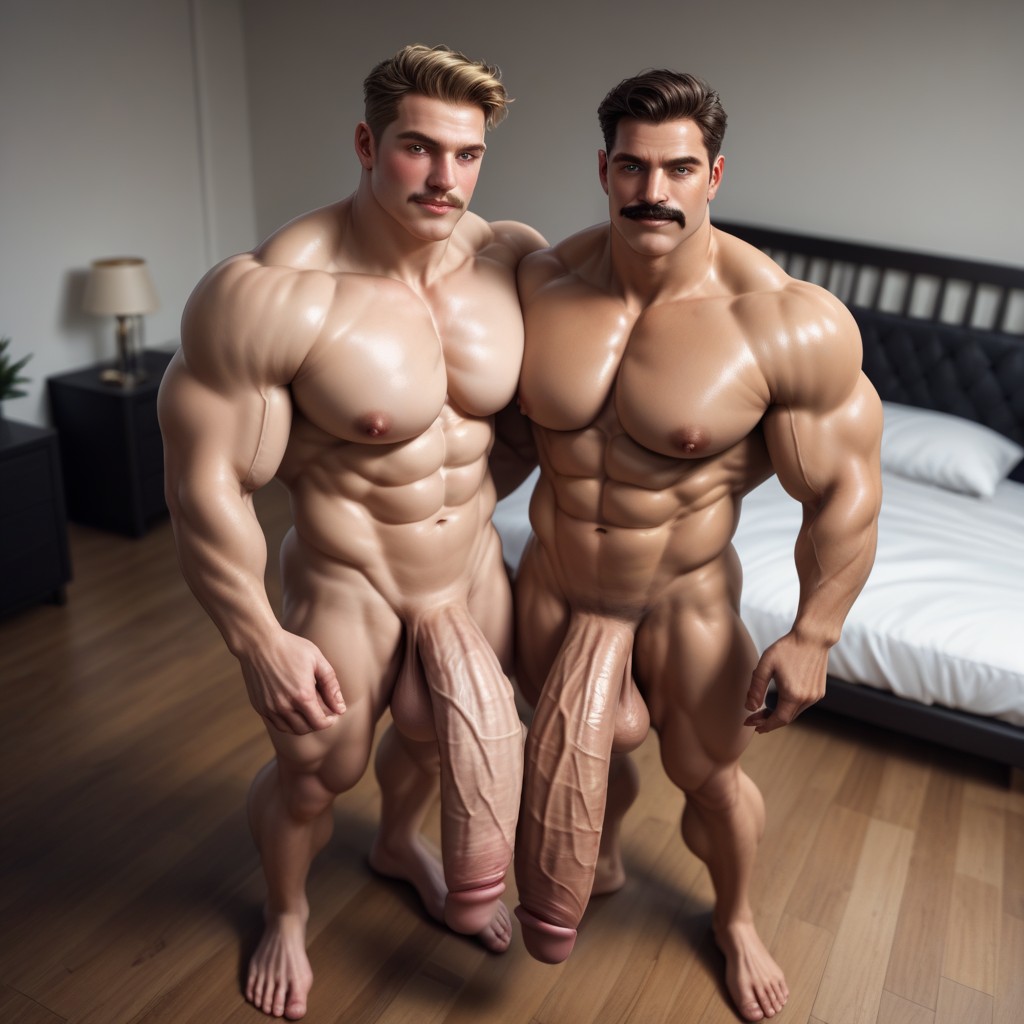 Mustache, Two Men, Round Pillowy Pecs AI Gay Porn