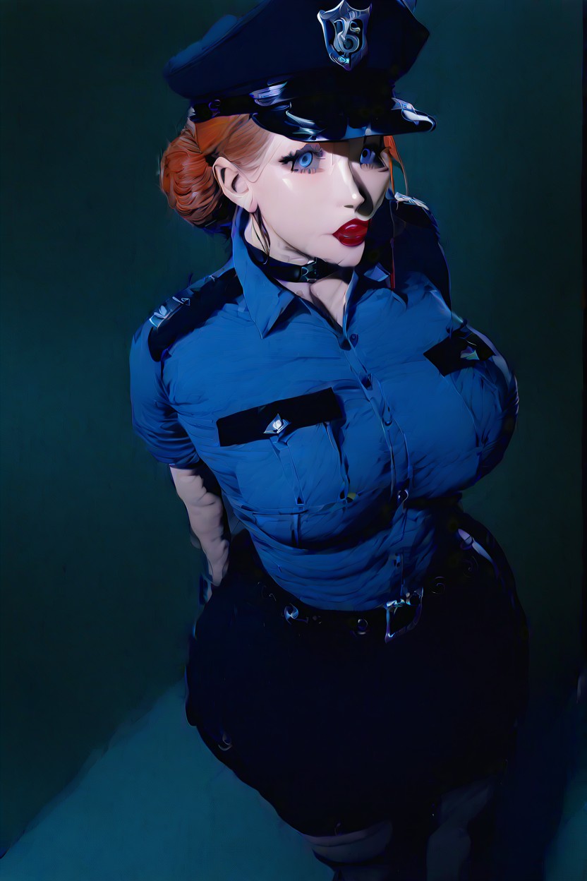Police Hat, Ginger Hair Bun, Detailed AI Porn