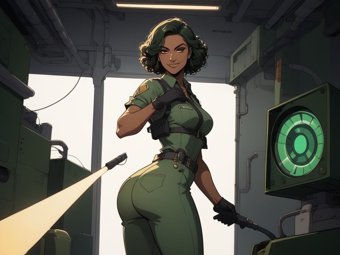 Welding Sparks In Background, Very Short Hair, Squared Thighs Latina AI Porn