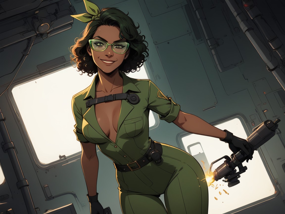 Very Short Hair, Squared Abdomen, Wearing Green Plaid Technician Clothes Latina AI Porn