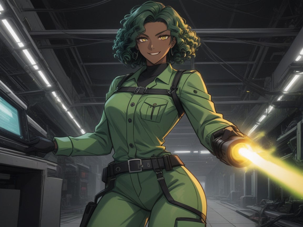 Woman Holding A Welding Torch, Green Florescent Lights, Goggles On Forehead AI Porn