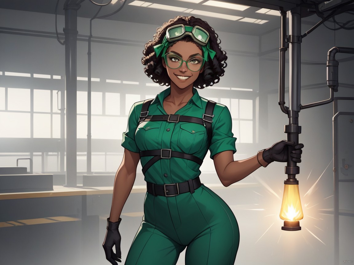 Goggles On Forehead, Dark Ebony Skin, Green Glasses Hentai AI Porn