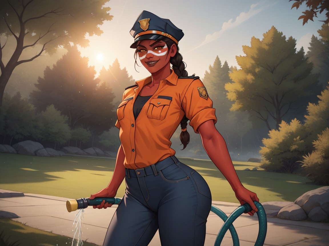Brown Lipstick, Wearing Orange Tribal Park Ranger Clothes, Close Set Breasts Hentai AI Porn