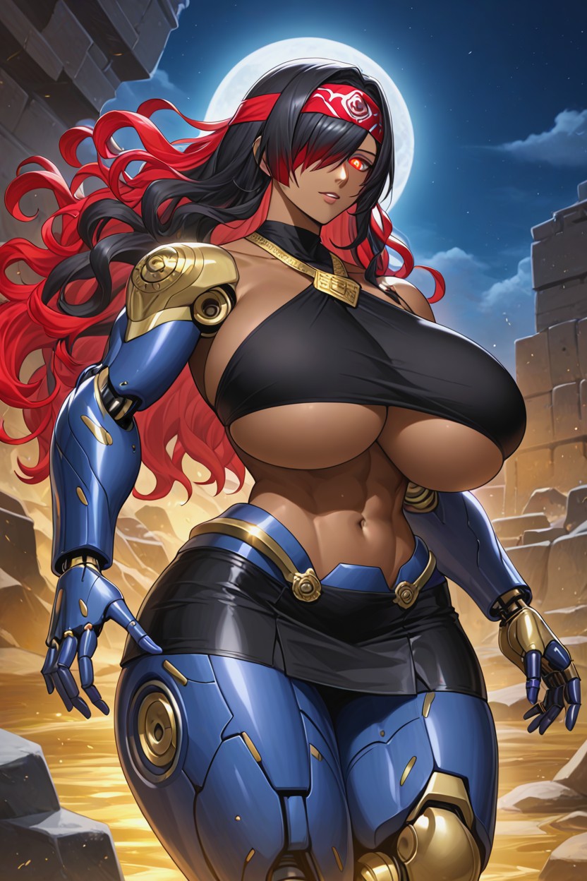 Black Sleeveless Halter Neck With Gold Design, Glowing Eyes, Skirt Hentai AI Porn