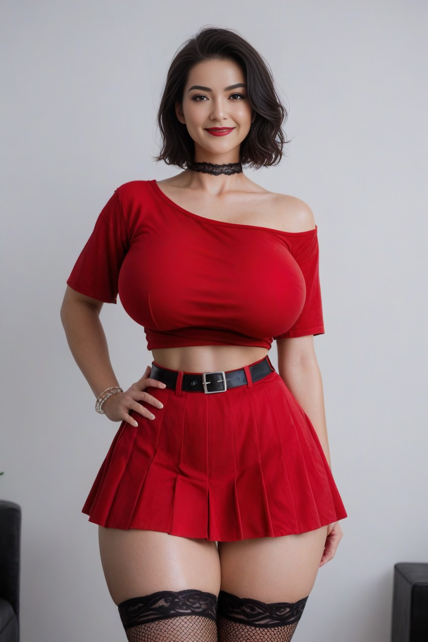 Black Fishnet Stockings, Medium Length Hair, Red T Shirt Porno IA