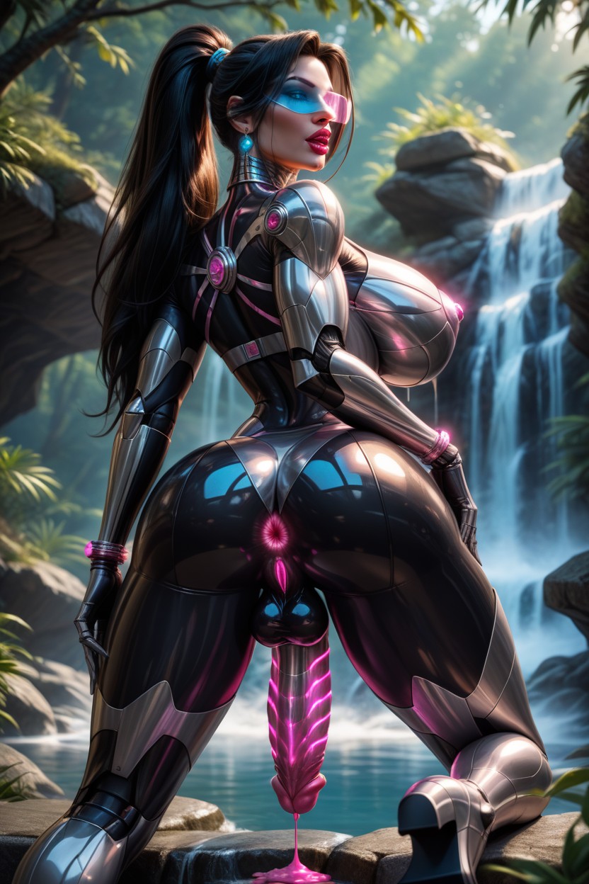 Her Metallic Anus Glowing, Muscular, She Wears Spiky Metallic Collar And Spiky Bracelets On Wrists And Ankles Shemale AI Porn