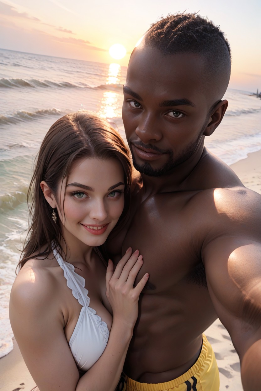 Interracial Couple Tall Man And Woman, Arm Possessively Around Her Waist, Closeup Hentai AI Porn