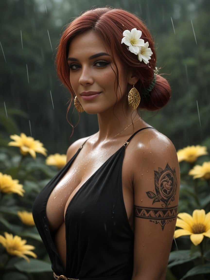 Full Back Tattoo, Rain, Black Eyeshadow AI 포르노