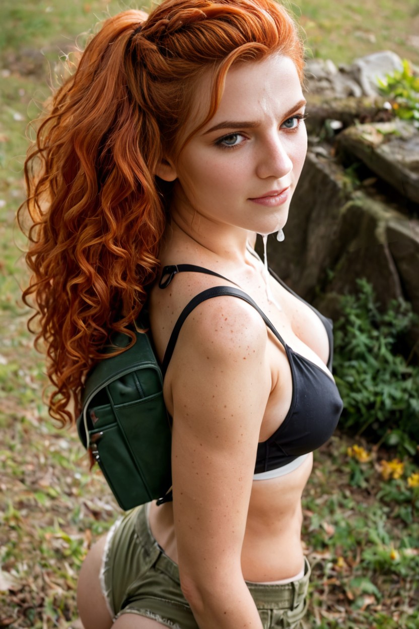 Redhead Woman, Matte Olive Green Cargo Shorts, Angry AI Porn