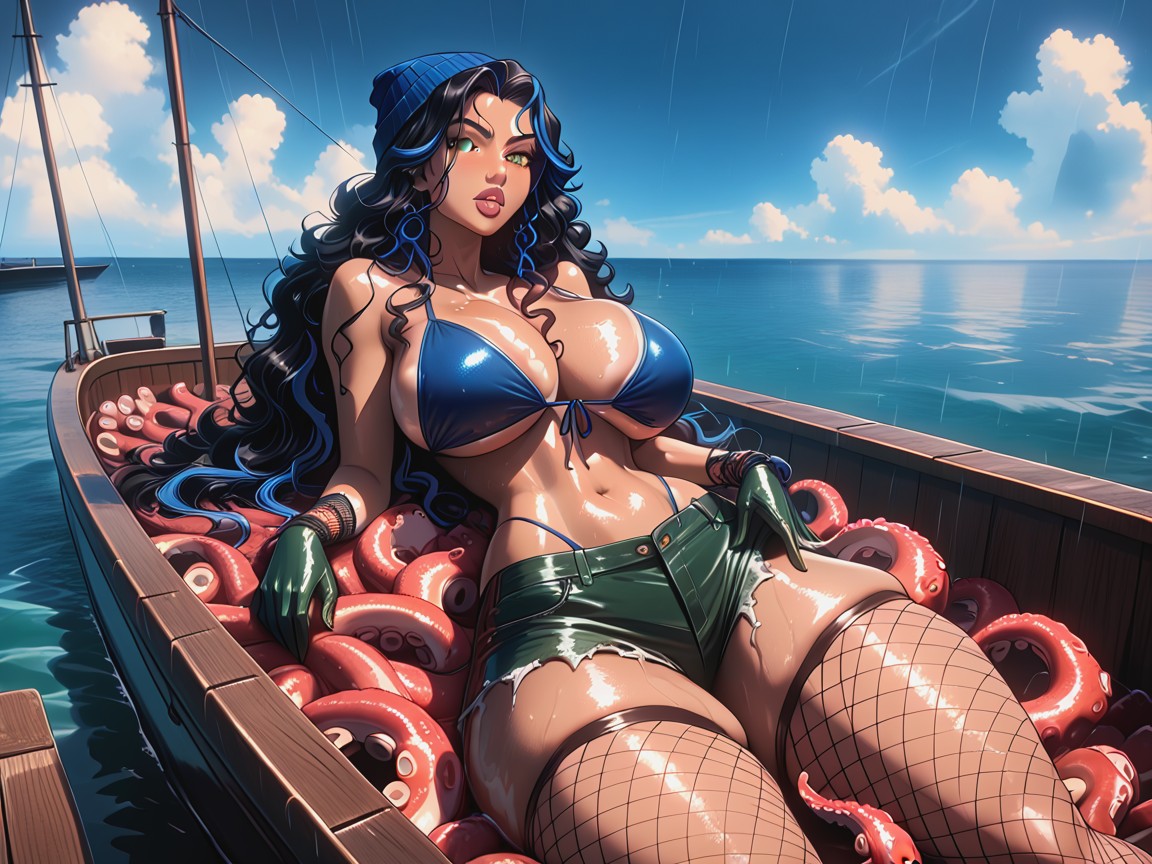 Dark Green Latex Gloves, Multiple Fish, Cute Hentai AI Porn