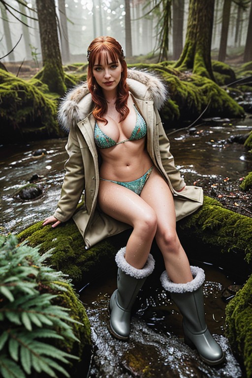 Large Breast, A German Woman Trudges Through The Forest In A Floor Length Faux Fur Coat, Pixie Cut AI Porn