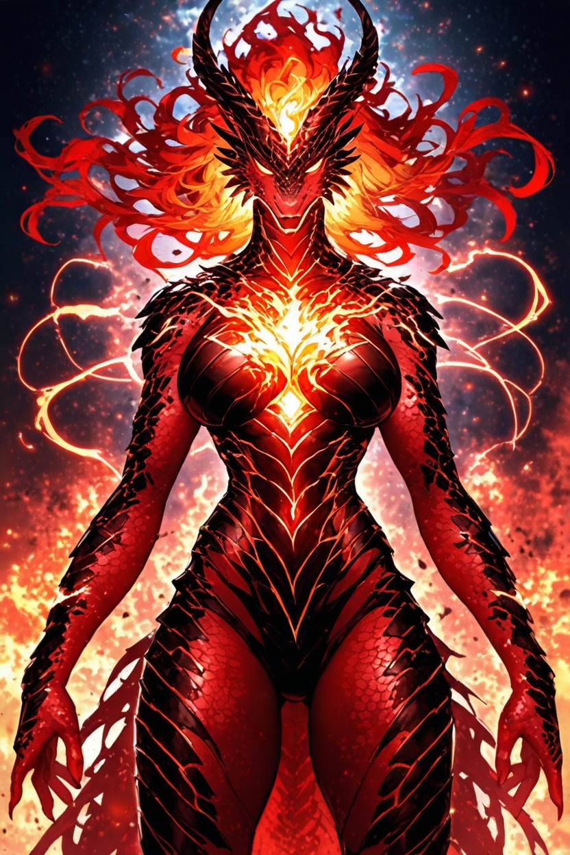 Red Skin, Long Hair, Flame Beast Woman Hentai AI Porn