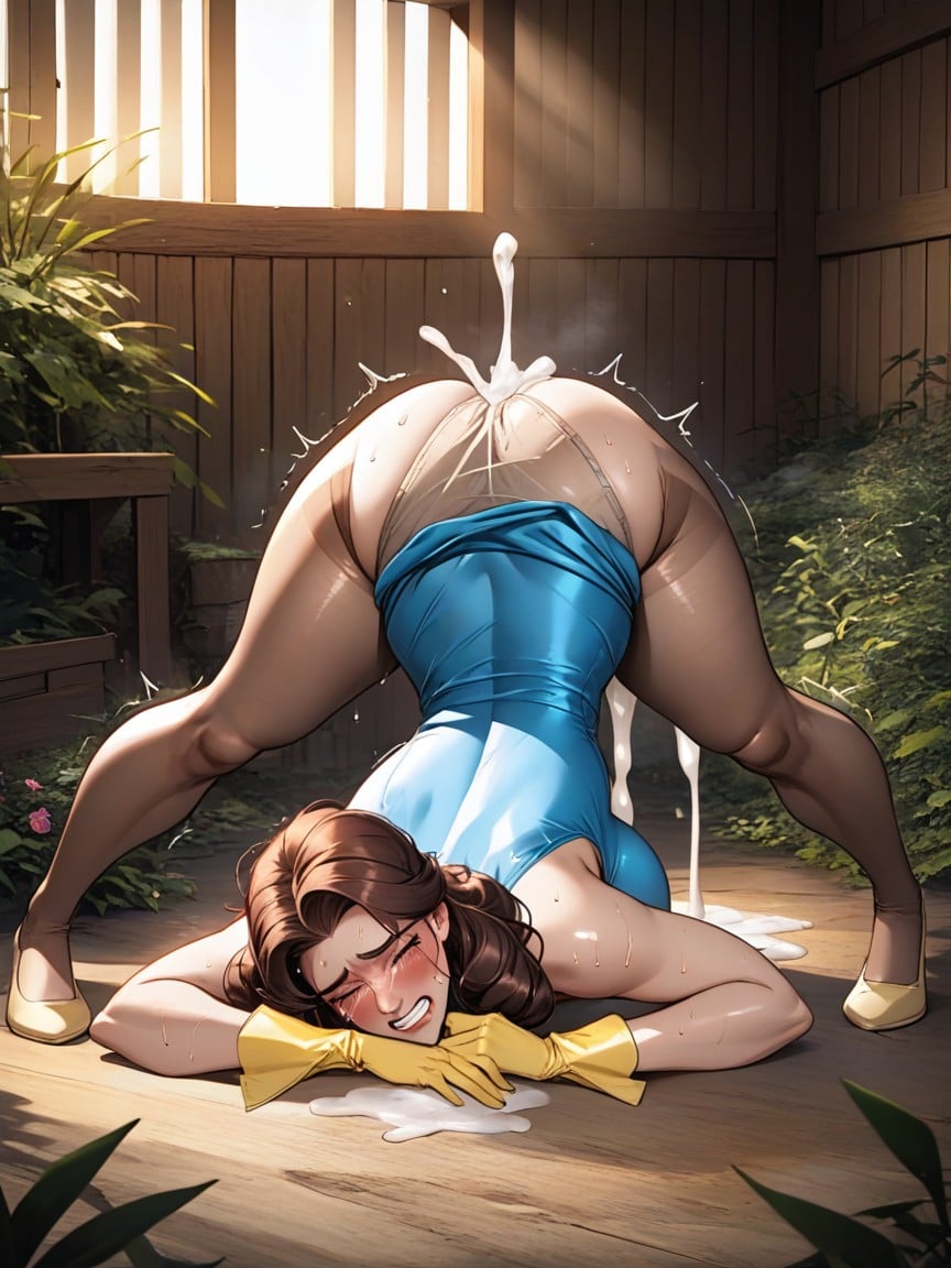 Camel Toe, Yellow Beige Medium Length Cleaning Gloves, Grabbing Sex AI Porn