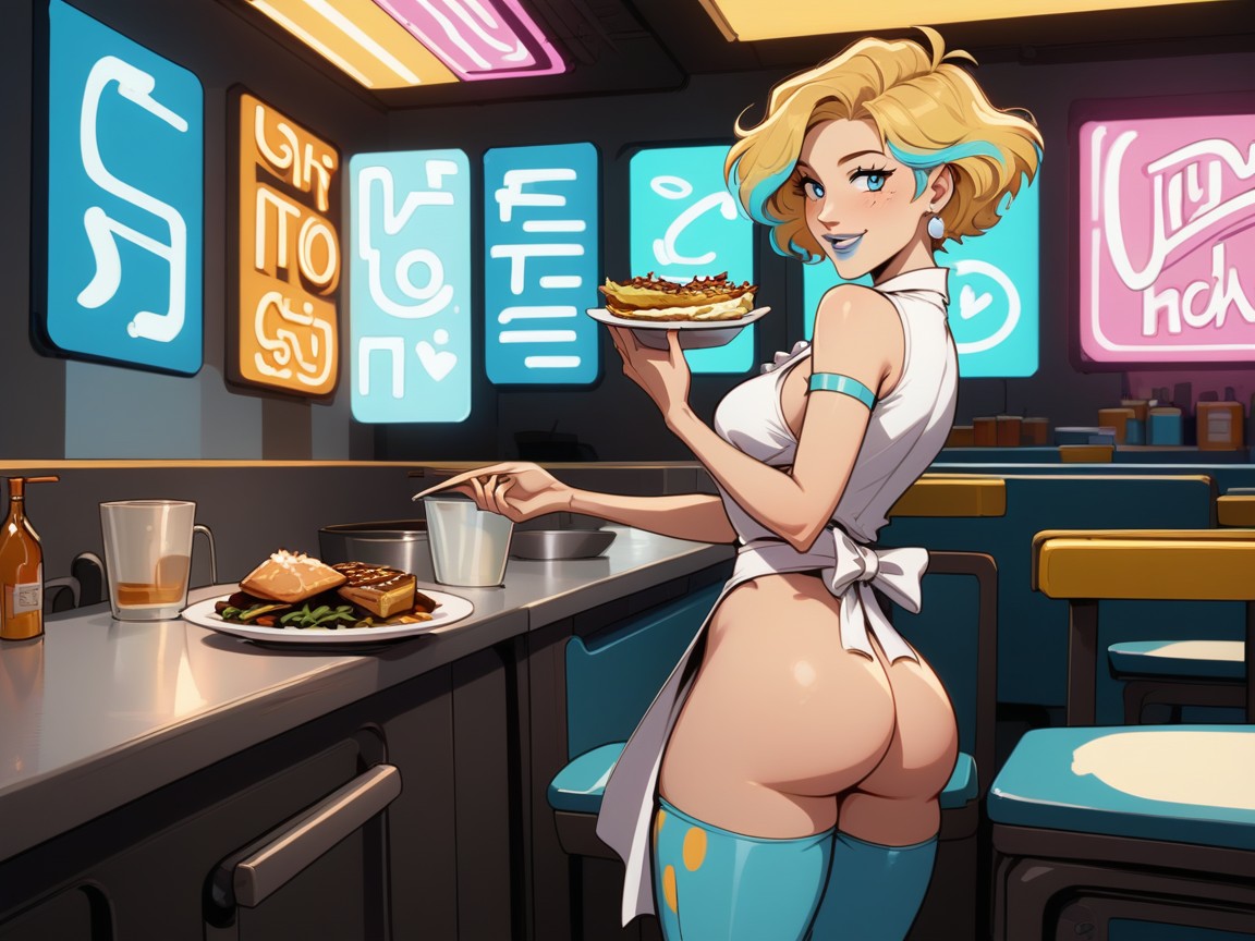 Blue Metallic Apron, Rounded Hips, Saturated Colors 라틴 AI 야짤
