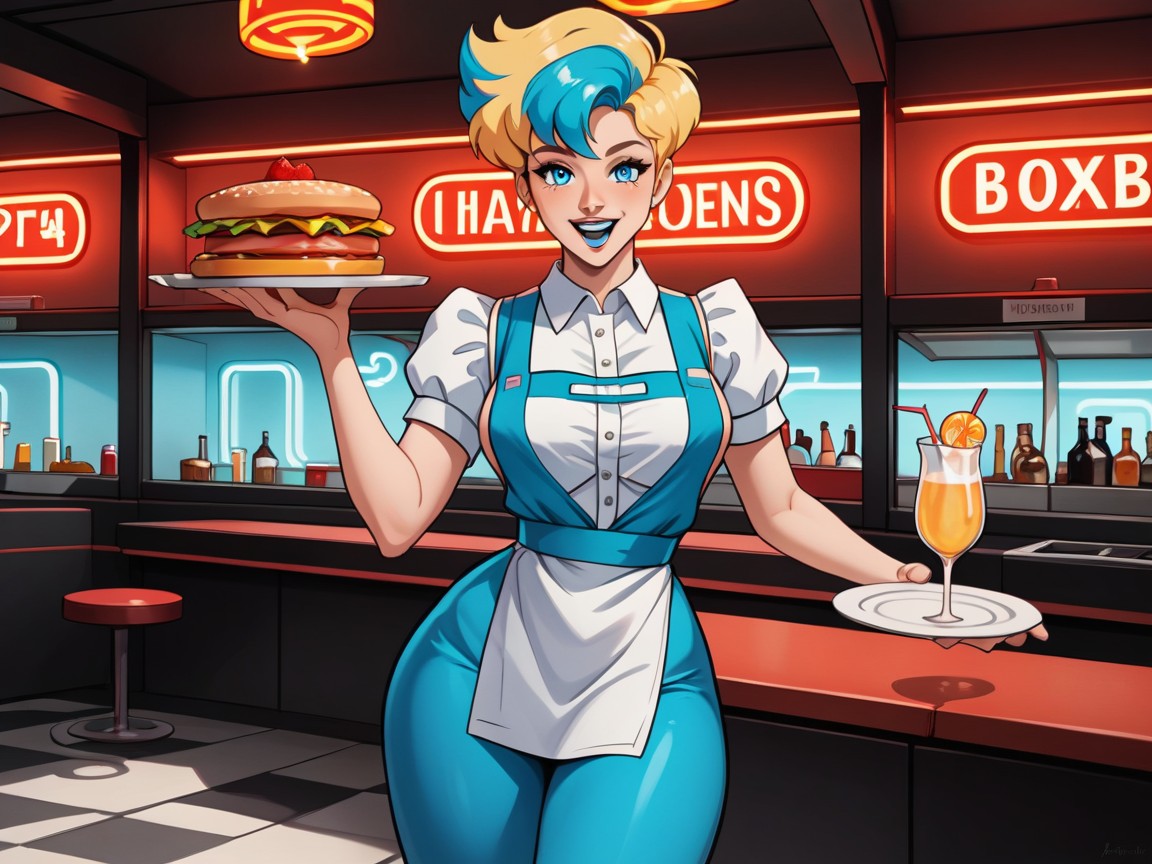 White Blouse, Modern Setting, Wearing Blue Waitress Clothes Hentai AI Porn