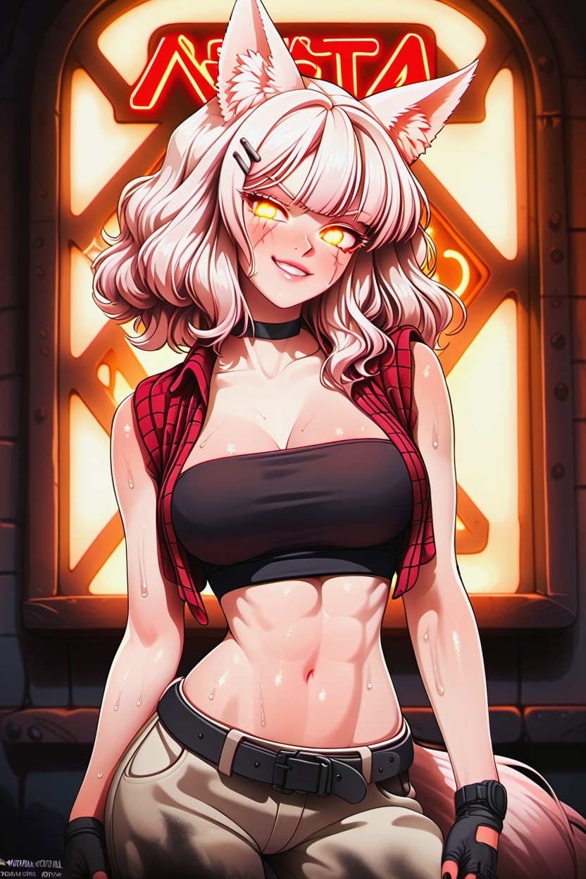 Neon Open Sign Glowing In The Background, Tight Cropped Tank Top, Metal Hentai AI Porn