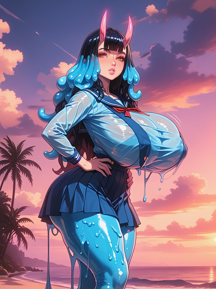 Blue Knee Thigh High Socks, Hands On Hips, Motion Hentai AI Porn