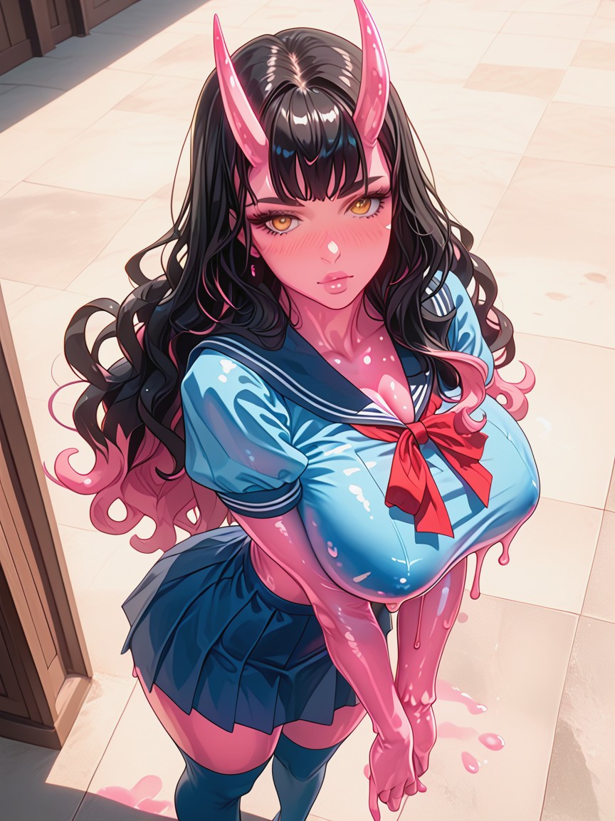 Overflowing Cleavage, Blue Knee Thigh High Socks, Movement Hentai AI Porn