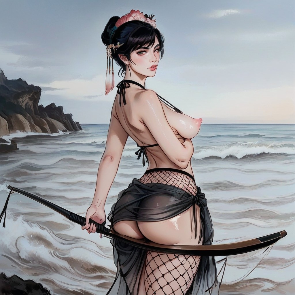 Action, Fishnet Bikini, Beautiful Face AI Porn