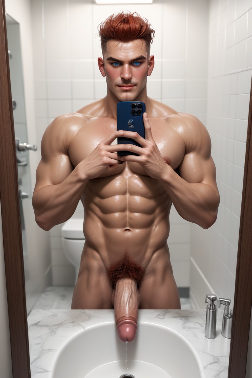 Side View, Bathroom Mirror Selfie, Bathroom AI Gay Porn