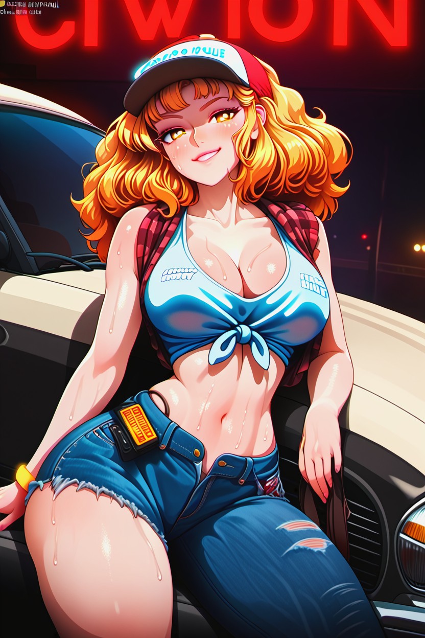 A Tool Belt, Golden Hour Light Filters Through Windows, Large Breasts Hentai AI Porn