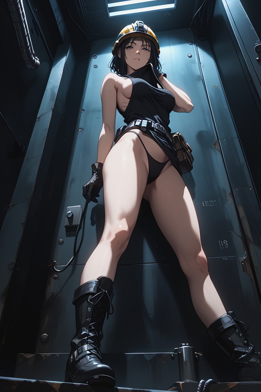Shoulders Exposed, Pitch Black Walls In Background, Half Way Over The Ledge Hentai AI Porn