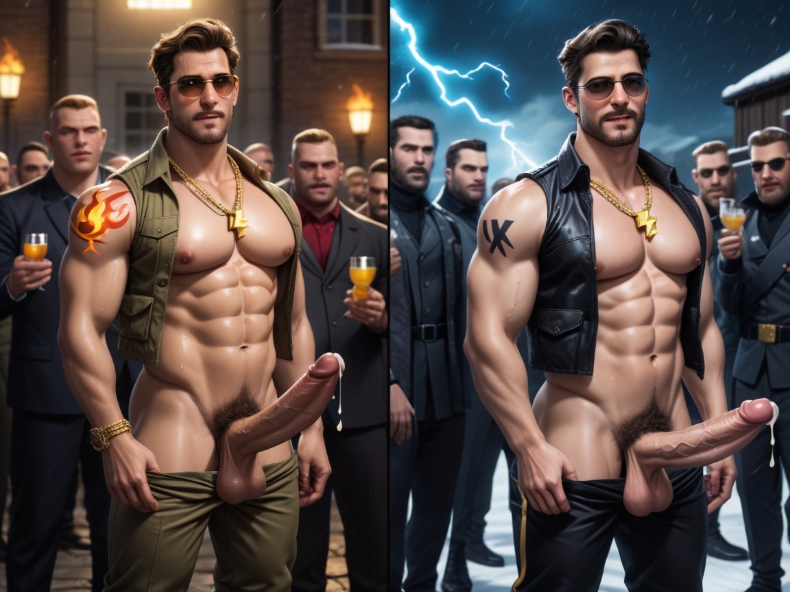 Gang Bang, Flaming Lightning Tattoos On Face, Lineup Of Guys Waiting To Fuck AI Gay Porn