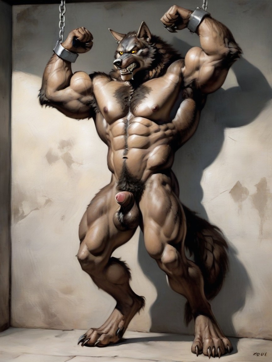 Wolf, A Naked Werewolf Is Chained To A Prison Wall, Werewolf Looking At Viewer Furry AI Porn