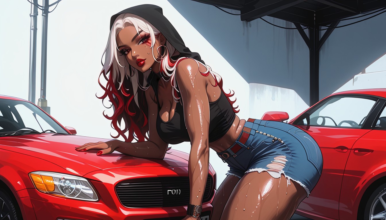 Engine Bay, Bending Over Car, Side View Hentai AI Porn
