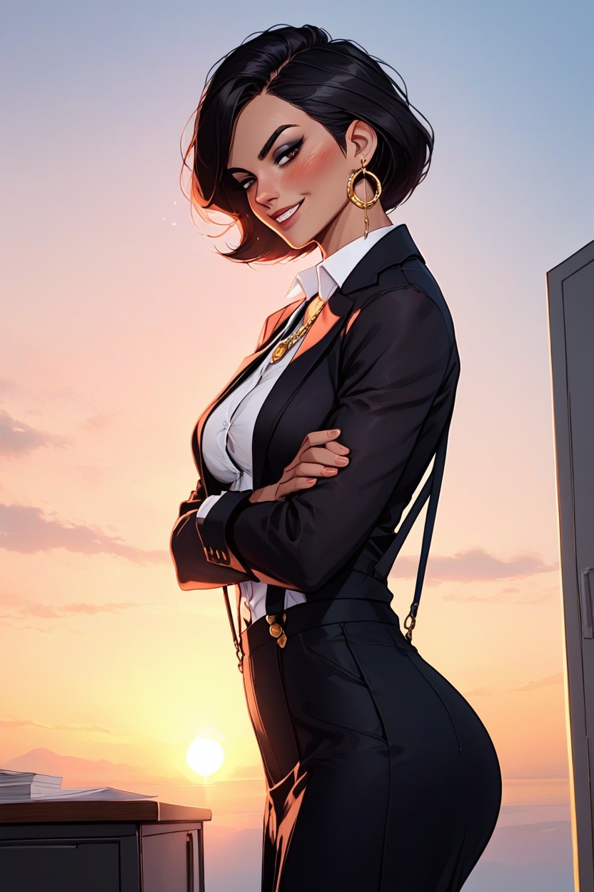 Black Skirt, Dark Black Hair, Gold Necklace AI Porn