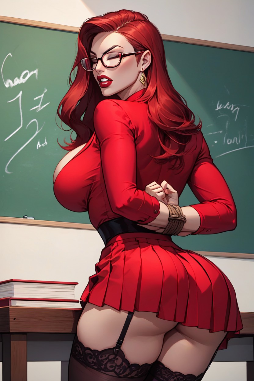Black Stockings With Garter Belt, 18+, Red Pleated Skirt Hentai AI Porn