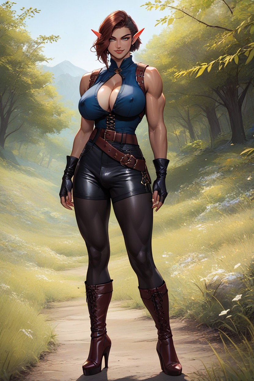 Brown Stiletto Platform Heeled Boots, Cleavage, Big Ass AI Porn