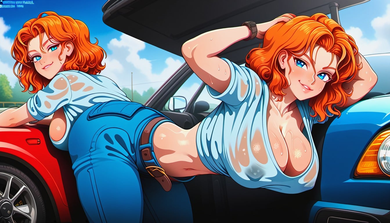 Redhead Woman, Sweat, Messy Wavy Hair Hentai AI Porn