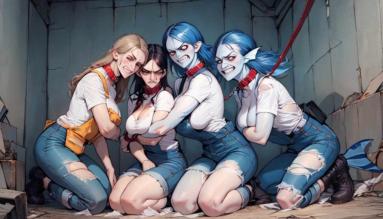 Torn Clothes, Three Beautiful Females, Kneeling Hentai AI Porn