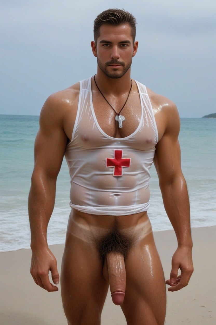 Tanline, A Perfectly Toned Japanese Lifeguard Stands On The Shore, Sculpted Chest AI Gay Porn