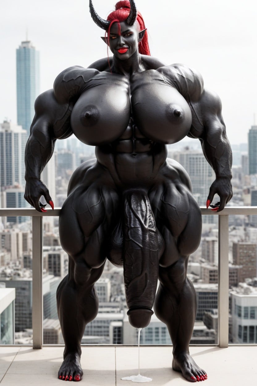 Leaning Against Railing, Gigantic Veins All Over Her Body, Devil Shemale AI Porn