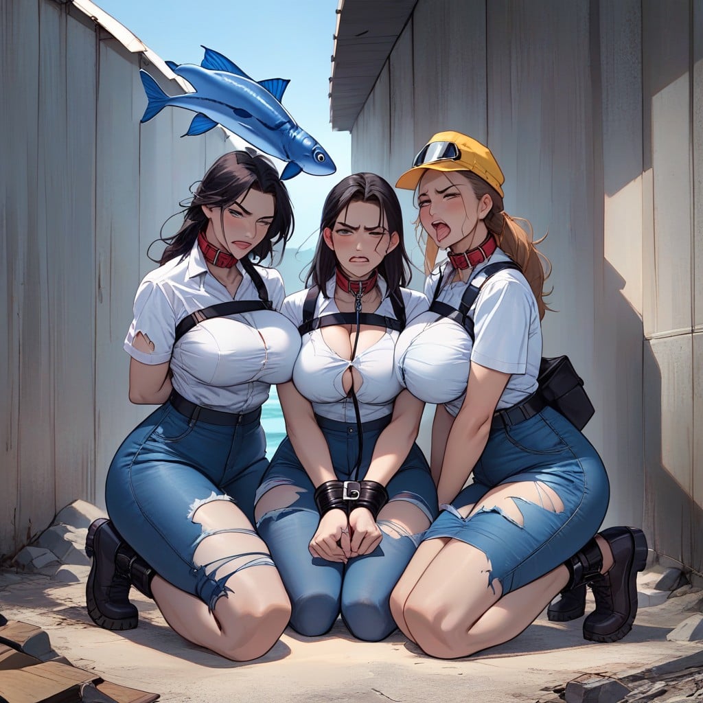 A Blue Fish Licking The Three Women, Torn Clothes, Eyes Wide Open Hentai AI Porn