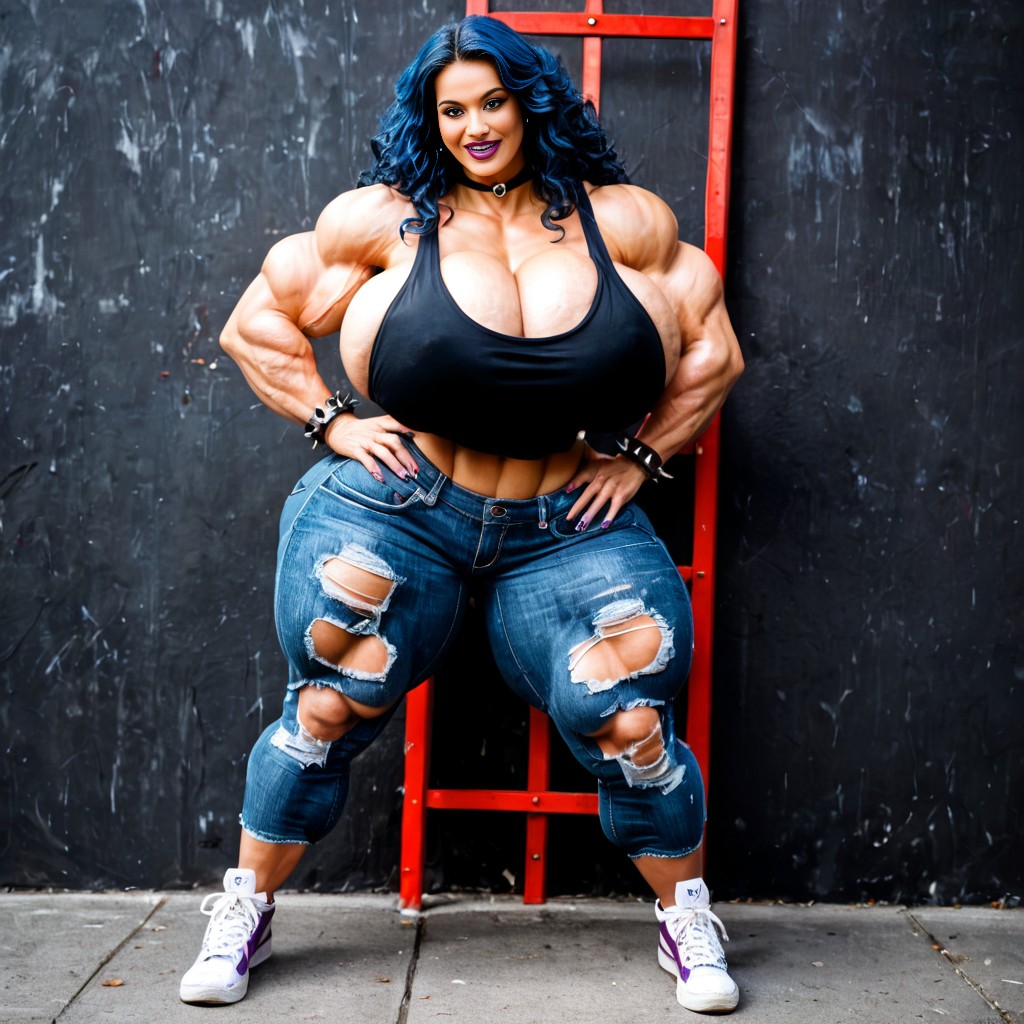 Curvy Muscular Steroid Bimbo, Extremely Long Legs, Giant Saggy Breasts AI Porn