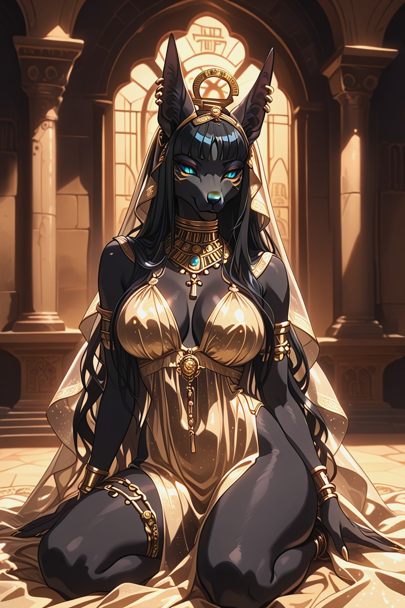 Female, Tall Elegant Ears, Ornate Stone Temple Chamber Furry AI Porn
