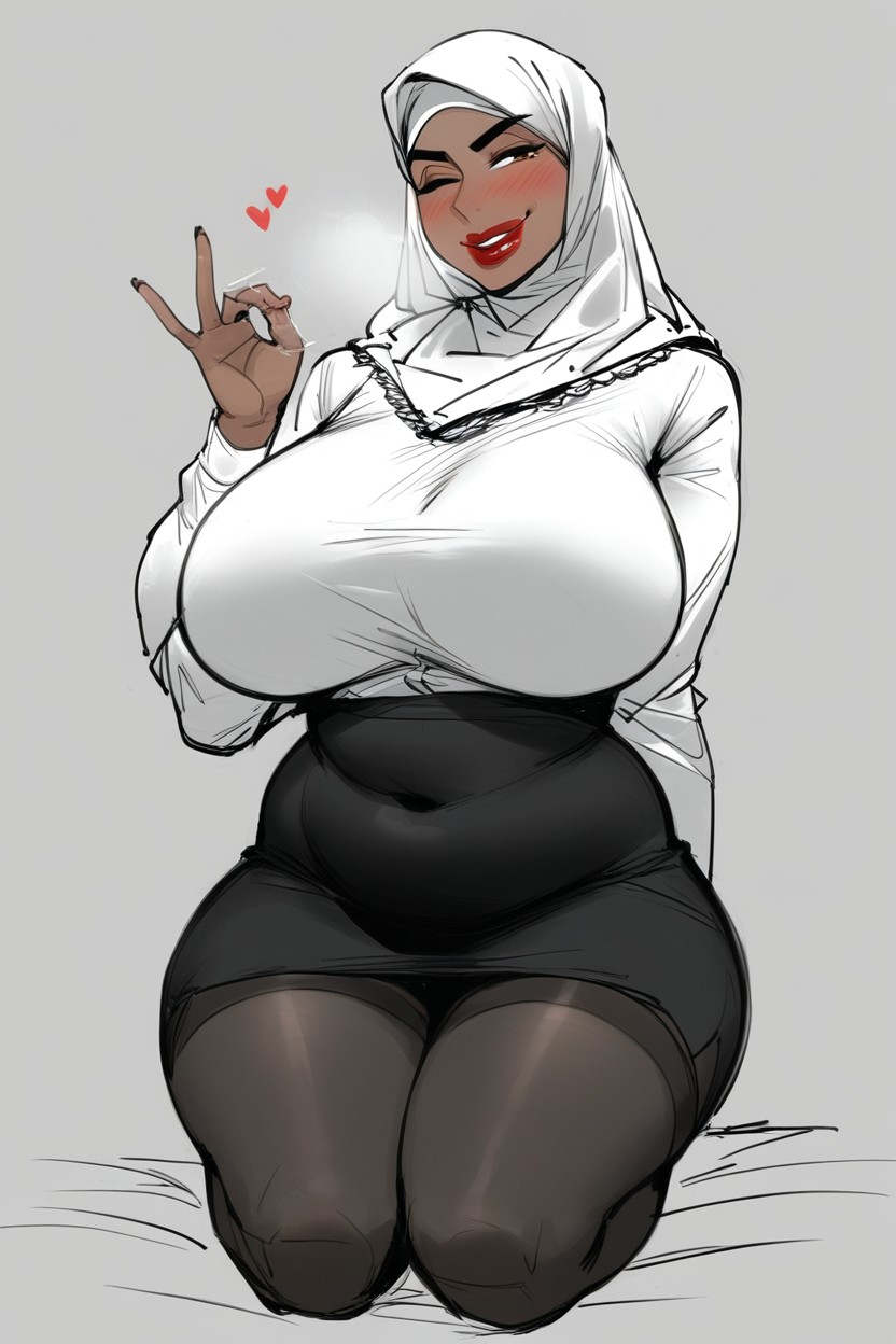 Wearing Hijab, Red Lipstick, Sketch AI黄漫