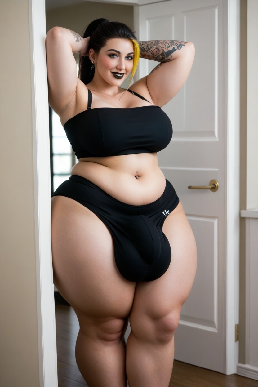 Black Lipstick, Long Black Hair With Yellow Highlights, Extremely Wide Hips 쉬메일 AI 포르노